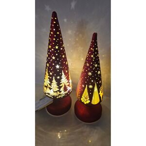 New Gerson Red Glass Laser Etched Lighted Holiday Trees with Timer Set of 2